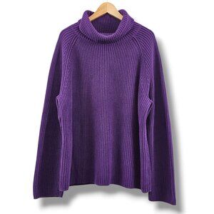 Lands End Ribbed Turtleneck Sweater Purple Cotton XL Chunky Knit Preppy Warm